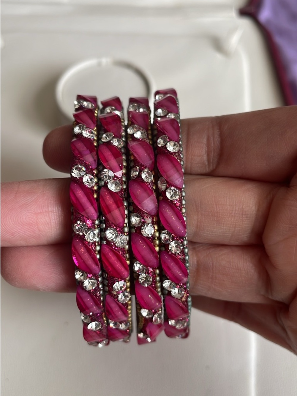Fuchsia Crystal-Inset Twist Bangle  - Set of 4